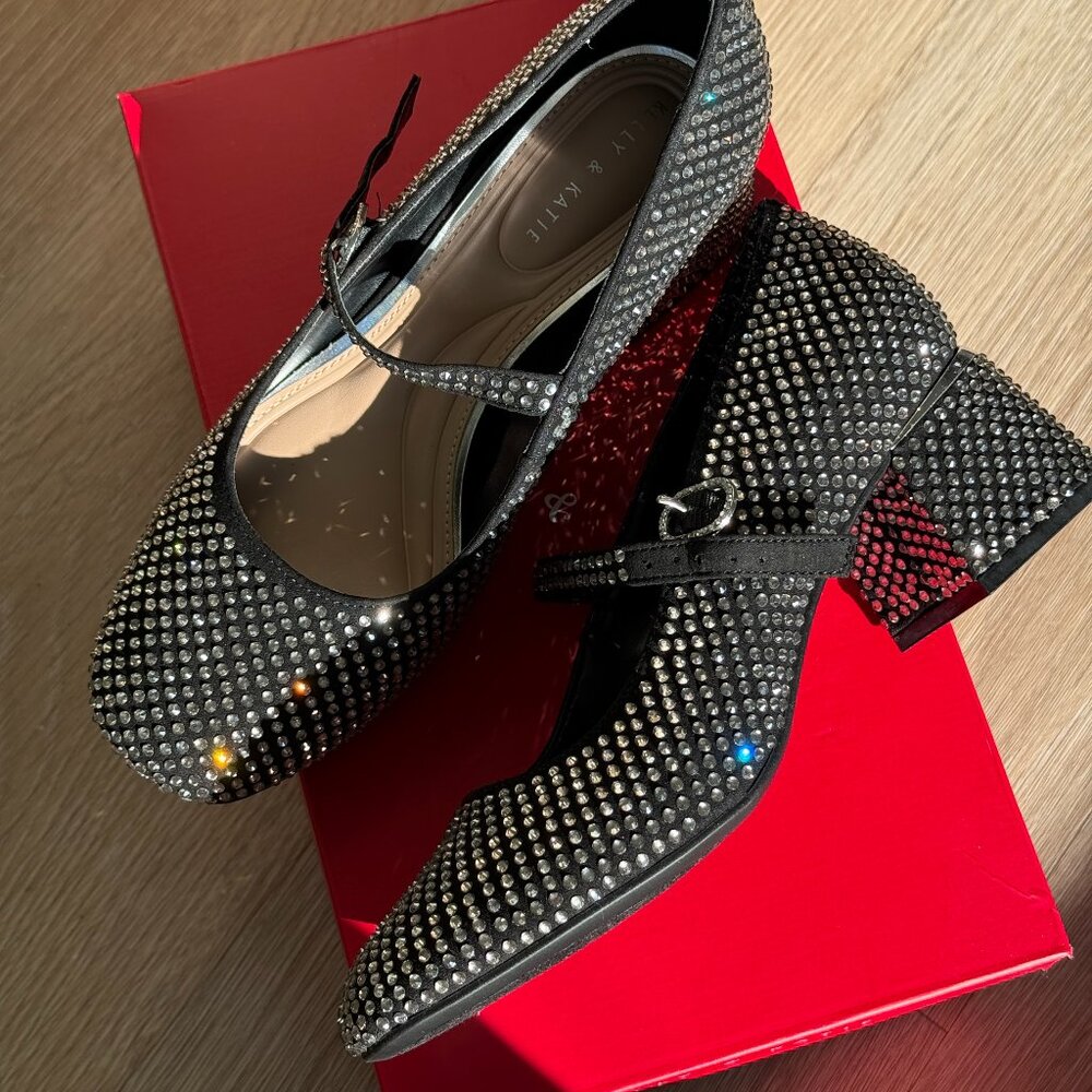 Embellished Black Mary Jane Pumps with Crystal Accents